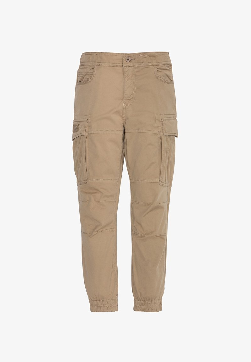 Pantalons cargo beiges avec de multiples poches, poignets élastiqués, texture lisse et coutures renforcées, conçus pour la fonctionnalité et le confort.
