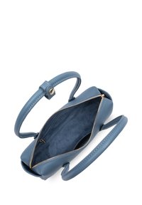 Blaue Lederhandtasche mit zwei oberen Griffen, Reißverschluss und weichem Innenfutter. Glatte Außenseite mit weicher Textur und minimalen Hardware-Akzenten.