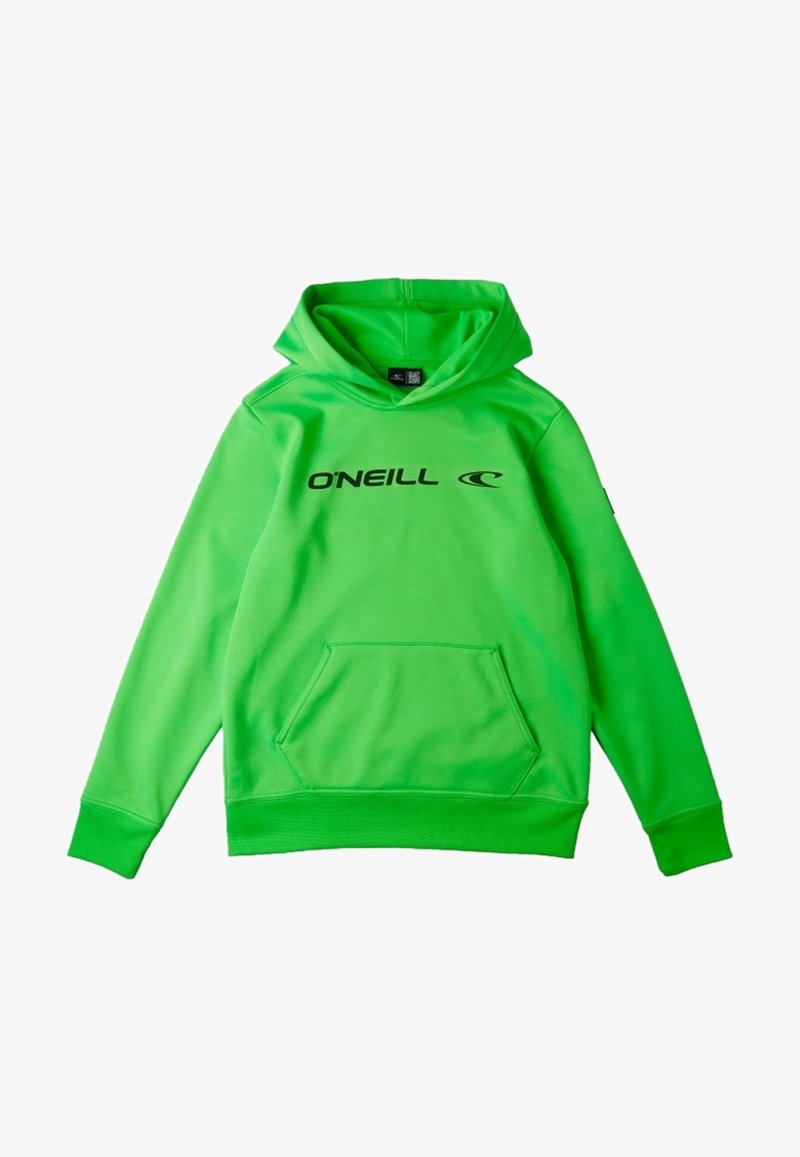 Sweat-shirt à capuche vert vif avec poche avant et logo O'Neill noir centré sur la poitrine, manches longues, et poignets et ourlet côtelés.