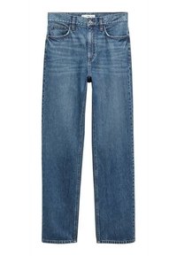 Jeans in denim blu chiaro, design a gamba dritta, con cinque tasche, passanti per cintura e chiusura con zip e bottone.