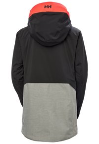 Wasserfeste Jacke mit schwarzem Oberteil, grauem Unterpaneel und einer leuchtend roten Kapuze. Enthält ein Logo auf der Rückseite und eine strukturierte Oberfläche.
