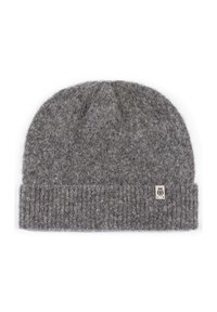 Gray knit beanie made from wool, featuring a ribbed cuff, a rounded top, and a small logo tag on the side. Textured finish with subtle pattern.