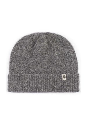 Gray knit beanie made from wool, featuring a ribbed cuff, a rounded top, and a small logo tag on the side. Textured finish with subtle pattern.