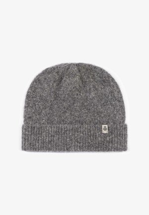 Gray knit beanie made from wool, featuring a ribbed cuff, a rounded top, and a small logo tag on the side. Textured finish with subtle pattern.