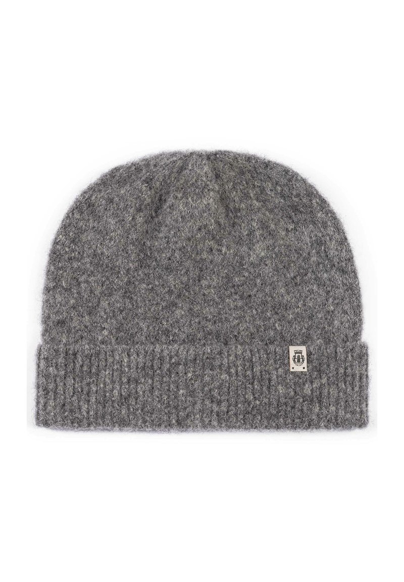 Gray knit beanie made from wool, featuring a ribbed cuff, a rounded top, and a small logo tag on the side. Textured finish with subtle pattern.