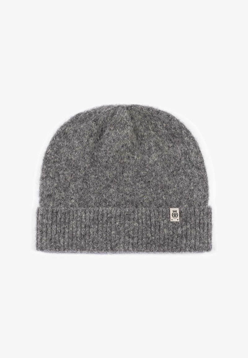 Gray knit beanie made from wool, featuring a ribbed cuff, a rounded top, and a small logo tag on the side. Textured finish with subtle pattern.