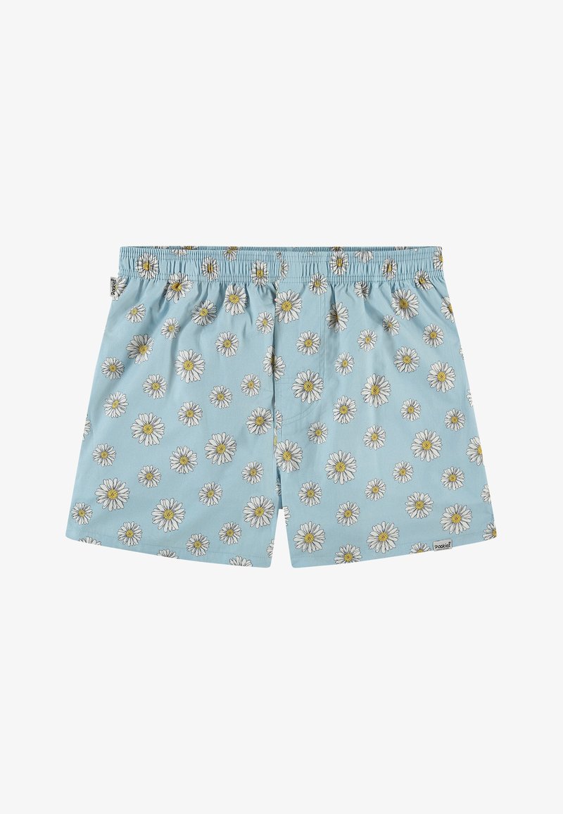 Világoskék, virágmintás anyagból készült rövidnadrág, rugalmas derékpánttal és egy címkével a jobb alsó oldalon.