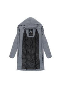 Pilka pūkinė striukė su kapišonu, viengubu užsegimu ir juodos spalvos vidine pamušalu su subtiliu raštu. Yra šoninės kišenės.