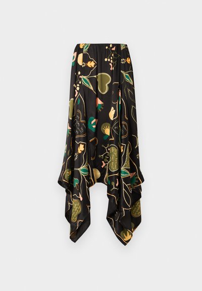 Μαύρη ασύμμετρη φούστα με πράσινα, ροδακινί και κίτρινα λουλουδένια και καρδούλες, με αέρινο τελείωμα σε σχήμα μαντήλι.