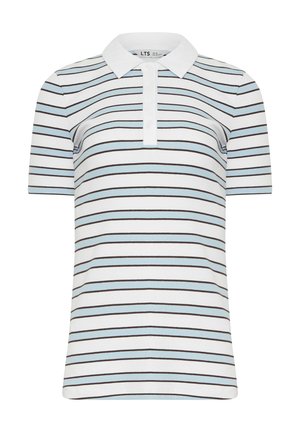 Valkoinen lyhythihainen poolopaita, jossa vaakasuorat vaaleansiniset ja mustat raidat sekä kolmen napin nappilista.