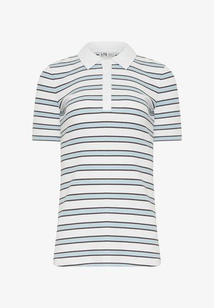 Polo bianca a maniche corte con strisce orizzontali azzurro chiaro e nere e abbottonatura con tre bottoni.
