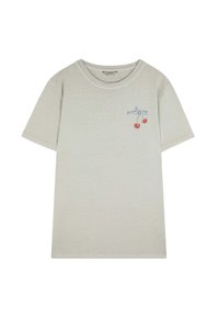 Lichtgrijze katoenen t-shirt met korte mouwen, ronde halslijn en geborduurd kersontwerp met blauwe tekst op het borstgebied.