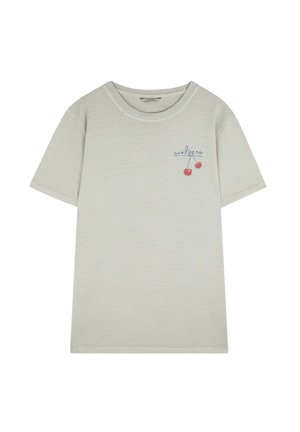 Lichtgrijze katoenen t-shirt met korte mouwen, ronde halslijn en geborduurd kersontwerp met blauwe tekst op het borstgebied.