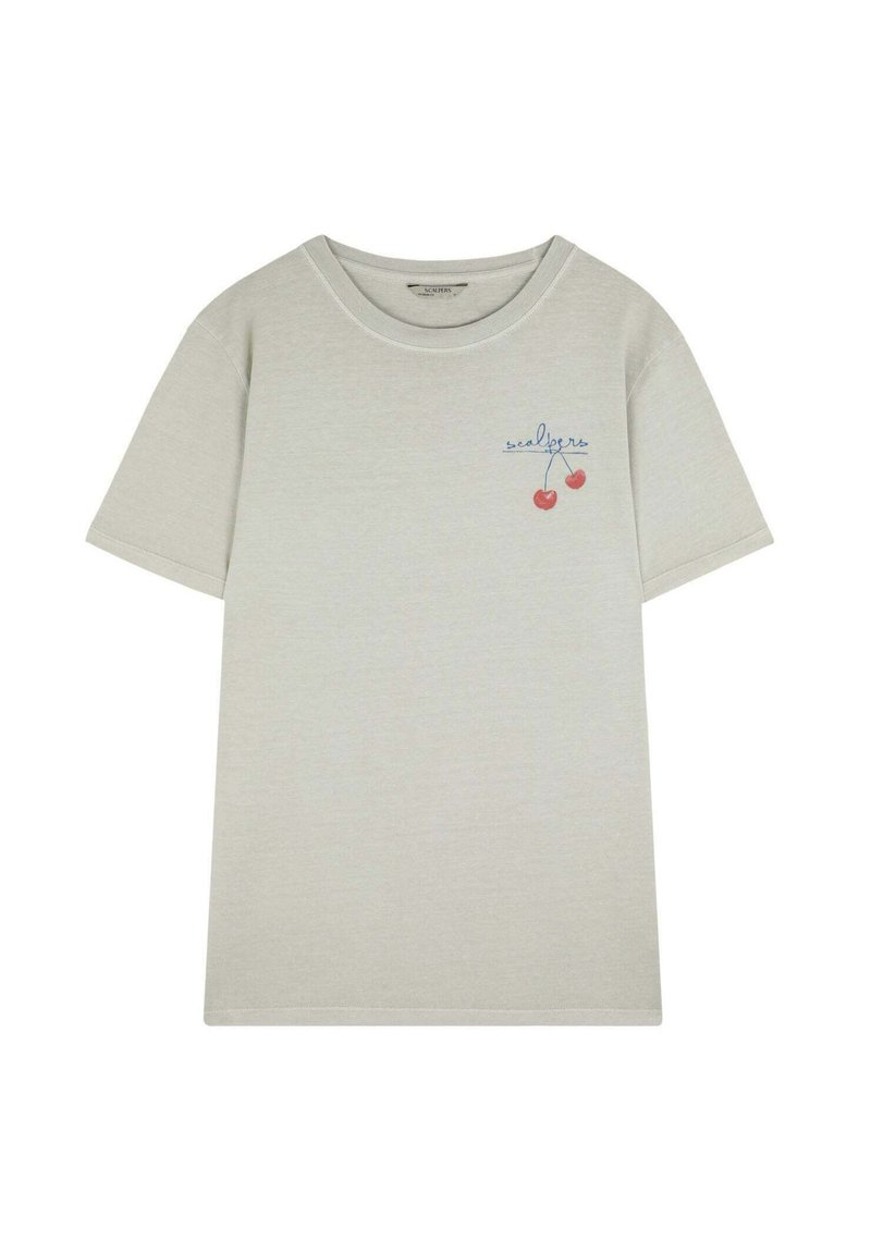 Lichtgrijze katoenen t-shirt met korte mouwen, ronde halslijn en geborduurd kersontwerp met blauwe tekst op het borstgebied.