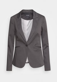 Szary, dopasowany żakiet z pojedynczym guzikiem, klapami z wcięciem, dwoma przednimi kieszeniami oraz subtelnym, paskowanym podszyciem wewnętrznym. Gładka faktura.
