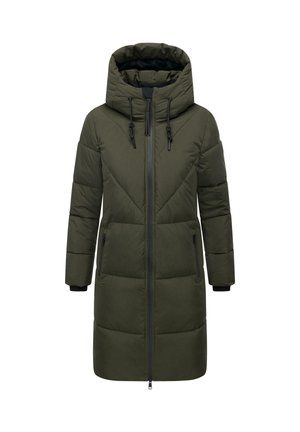 Cappotto imbottito lungo, con cappuccio, di colore verde oliva, con design trapuntato, zip frontale e due tasche laterali con zip. Presenta polsini elasticizzati e cordini.