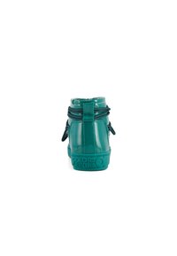 Teal high-top sneaker with glossy patent material, round toe, padded collar, and decorative laces. Features embossed branding on the sole.