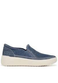 Scarpe slip-on in denim con pannelli laterali elasticizzati e suola in gomma bianca, caratterizzate da una texture liscia e dettagli di cucitura sottili.