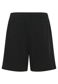 Shorts noirs en tissu lisse avec une taille élastique. Présentent une coupe décontractée et des jambes droites. Pas de poches visibles ni de motifs.