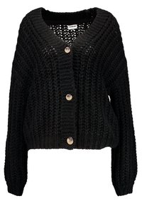 Svart stickad cardigan med v-ringning, lös passform, långa ärmar och tre knappar framtill. Texturerat mönster och ribbade detaljer vid fållen.