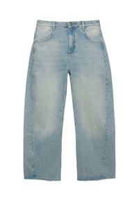 Lyseblå, højtaljede, viddebenede cowboybukser med forlommer, knaplukning og falmet vaskedetalje på lårene.