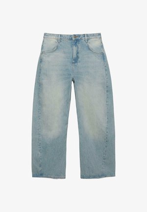 Világoskék, magas derekú, bő szárú farmernadrág elülső zsebekkel, gombos záródással és kopott hatású részletekkel a combokon.