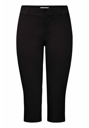 Pantalones cortos negros de tela suave, con cremallera delantera y quiere para cinturón, de corte recto y con dobladillos vueltas.