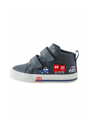 Dark gray children's sneaker with two velcro straps and embroidered emergency vehicles on the side, including police car and fire truck.