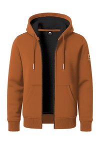 Felpa con zip marrone, con interno nero, cappuccio con cordino, tasche frontali e polsini e fondo a costine. Presenta il logo del marchio sulla manica.