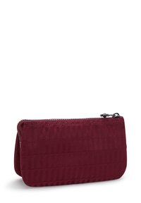 Pochette rettangolare bordeaux con cerniera, realizzata in tessuto testurizzato con sottili linee verticali; presenta una cucitura lungo la parte superiore e angoli arrotondati.