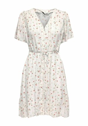 Hvid knælængde kjole med rødt og grønt blomsterprint, korte ærmer, V-halsudskæring, knapper foran og bælte til at binde i taljen.