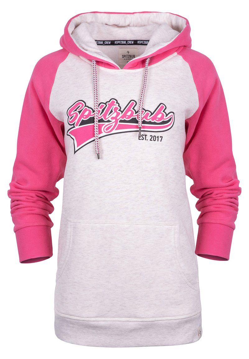 Hoodie met een lichtgrijze body en roze raglanmouwen, een voorvak en een grafische opdruk "Spitzbub EST. 2017" in zwart en roze.