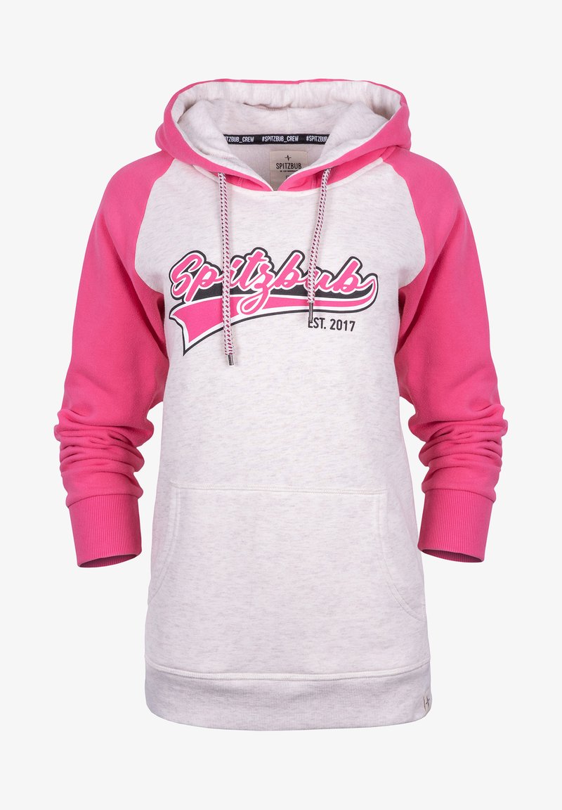 Hoodie met een lichtgrijze body en roze raglanmouwen, een voorvak en een grafische opdruk "Spitzbub EST. 2017" in zwart en roze.