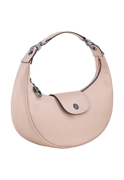 Round pink leather handbag with a short strap, featuring a flap closure and metal accents. Smooth texture and subtle logo detail.