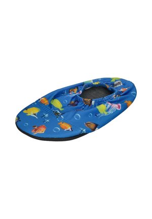 Blue slip-on water shoe with colorful tropical fish patterns and an elastic ankle opening.
