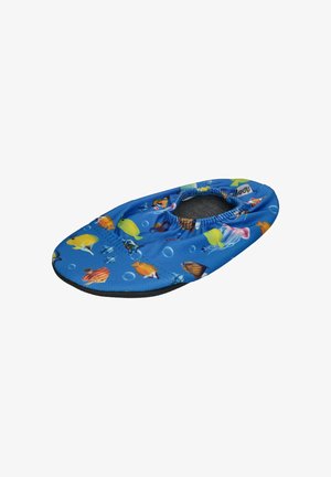 Blue slip-on water shoe with colorful tropical fish patterns and an elastic ankle opening.