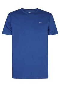 T-shirt a maniche corte, colletto rotondo, di cotone blu vibrante con un piccolo logo bianco sul lato sinistro del petto. Tessuto liscio, vestibilità standard.
