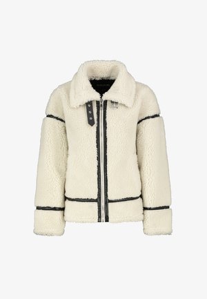 Cream-colored faux shearling jacket with black trim, a collared neckline, and a front zipper. Features oversized sleeves and a boxy shape.