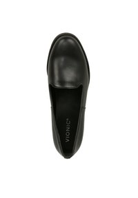 Zwarte leren instapschoen met een afgeronde neus en subtiele stiksels. Vionic-logo zichtbaar op de binnenzool. Gladde textuur.