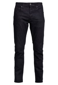 Jeans de mezclilla negra con corte slim, diseño de cinco bolsillos y cierre de botón. La tela tiene una ligera textura y un mínimo desgastado.