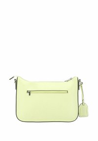 Borsa sintetica di colore verde lime con una consistenza liscia, chiusura con zip e tasca esterna. Presenta dettagli in metallo argentato e un'etichetta removibile.