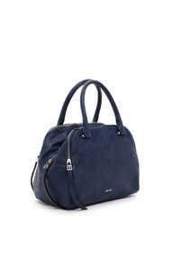 Navyblaues Handtasche aus strukturiertem Material, mit zwei Griffen, einem Reißverschlussverschluss und silberfarbenen Hardware-Akzenten.