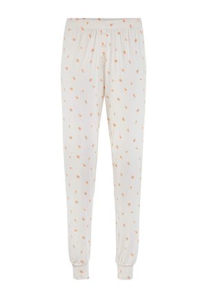 White pajama pants with small orange floral print, elastic waistband, front buttons, and cuffed ankles.