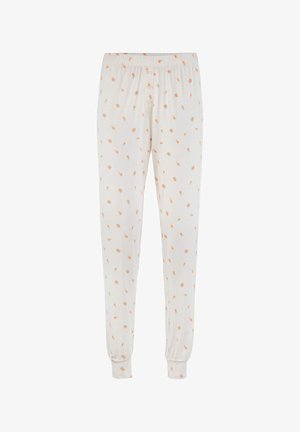 White pajama pants with small orange floral print, elastic waistband, front buttons, and cuffed ankles.
