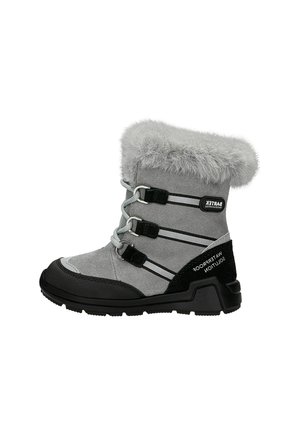 Botte d'hiver imperméable grise avec un col en fausse fourrure, en suède et en caoutchouc, système de laçage, semelle texturée et accents noirs.