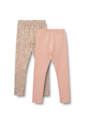Zwei Paar Leggings: Eine ist blassrosa, die andere hat ein florales Muster mit Pastellfarben auf einem hellen Hintergrund. Elastische Taillenbunde.