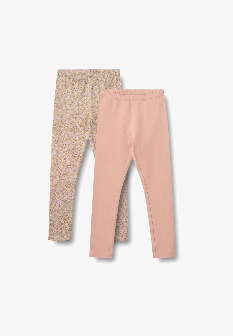 Deux paires de leggings : l'une est rose pâle, l'autre arbore un motif floral avec des couleurs pastel sur un fond clair. Ceintures élastiques.