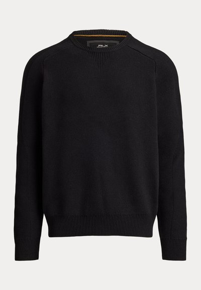 Pull en maille noir à manches longues avec col rond et poignets et ourlet côtelés, présenté sur un fond uni.