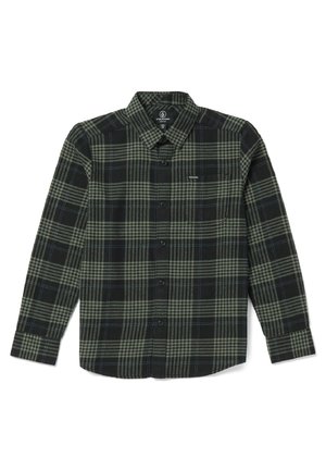 Langærmet skjorte med knapper, sort og grå ternet mønster og en lille brystlomme med Volcom-logo.