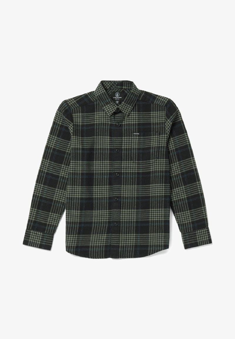 Chemise à manches longues boutonnée avec motif à carreaux noir et gris et petite poche poitrine avec le logo Volcom.